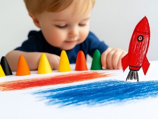 Wall Mural - A small child drawing a rocket on a piece of paper