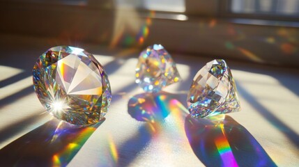 Aufkleber - Three intricately cut gemstones sit on a surface, capturing sunlight and creating a dazzling array of colors. The light reflects off their surfaces, producing beautiful rainbow effects.
