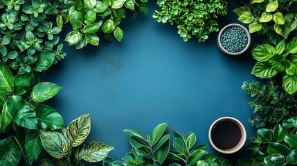 Wall Mural - Leafy green plants surrounding a coffee cup on textured background