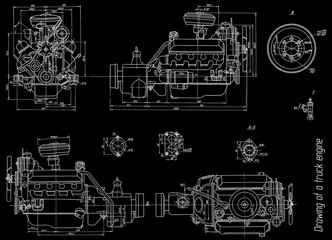 Wall Mural - Engine of cargo vehicle.
Engineering mechanical drawing of automotive
device. Industrial cad scheme on paper sheet. 
Technology design of machine building industry. 
Machined template.