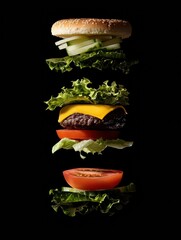 Poster - Ingredients for a delicious burger are artfully suspended in mid-air, showcasing layers of lettuce, tomato, cheese, and a savory patty. Generative AI