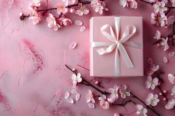 Wall Mural - Pink cherry blossoms with a gift box tied with a white ribbon on a textured pink background. Romantic spring design concept for greeting card, invitation, poster, banner, or decorative print

