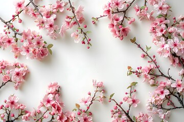 Wall Mural - Cherry blossom branches with pink flowers arranged on a white background. Floral spring design concept for greeting card, invitation, poster, banner, or decorative print

