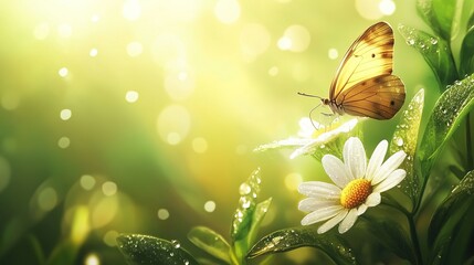 Canvas Print - Butterfly on dewy chamomile flowers in sunlit garden.