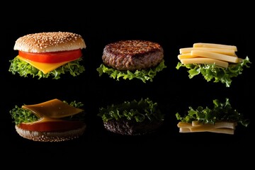 Poster - A colorful burger mix of fresh lettuce, tomato, cheese, and a juicy patty floats against a dark background. Generative AI