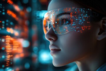 Wall Mural - technician wearing futuristic glasses analyzing data in server room