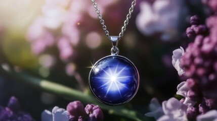 Aufkleber - A stunning blue gemstone dangles from a silver chain, sparkling in the sunlight amidst vibrant blooms in a lush garden, evoking a serene and enchanting atmosphere.