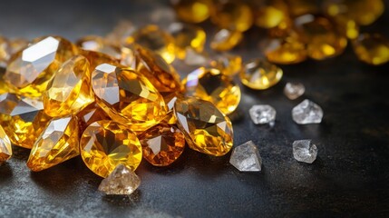 Poster - A collection of sparkling yellow gemstones is spread across a dark surface, reflecting light and creating a stunning display. The small shapes and intricate cuts highlight their beauty.