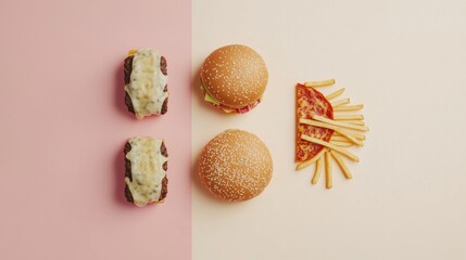 Poster - Abstract silhouettes of iconic fast food items like burgers, pizza slices, and fries display a playful arrangement on a pastel backdrop. Generative AI