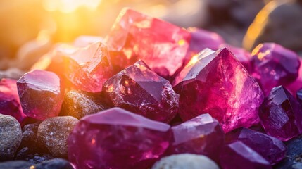 Aufkleber - A stunning array of pink gemstones is displayed on a bed of smooth rocks, illuminated by warm sunlight during the late afternoon. The vibrant colors of the gems create a striking contrast.