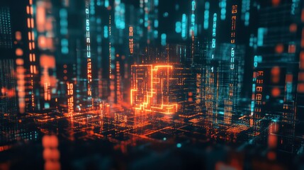 Poster - A pixelated cryptocurrency logo emerging from a grid of 0s and 1s.