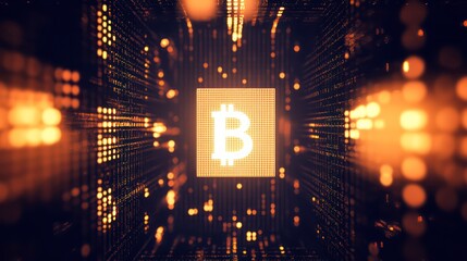 Poster - Glowing Bitcoin symbol in a digital tunnel.