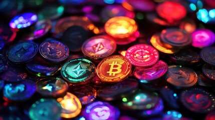 Poster - A pile of various cryptocurrency tokens, each one glowing softly with different colors.