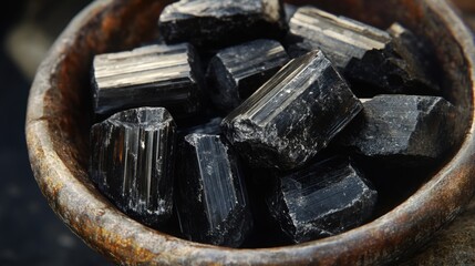 Fototapete - Several pieces of black tourmaline gemstones are arranged neatly in a rustic wooden bowl.
