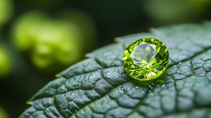 Aufkleber - A vibrant green gemstone shines atop a textured leaf, showcasing its sparkling facets. The natural surroundings enhance the gem's beauty, creating an elegant contrast in this tranquil environment.