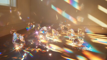 Aufkleber - Sunlight pours through a window, illuminating various gemstone fragments scattered on the floor. The light creates vibrant patterns, showcasing the beauty and brilliance of each gemstone.