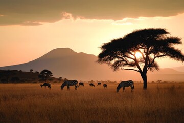 Wall Mural - Zebras grazing under a sunset by a mountain in a vast savanna landscape