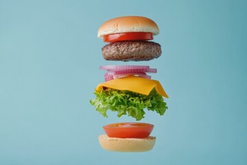 Poster - Ingredients for a classic burger are floating mid-air, featuring a juicy patty, melted cheese, crisp lettuce, fresh tomato, and soft buns. Generative AI