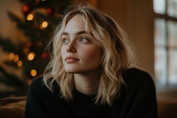 Wall Mural - Young woman with wavy hair gazes thoughtfully near a Christmas tree adorned with lights in a cozy room during winter