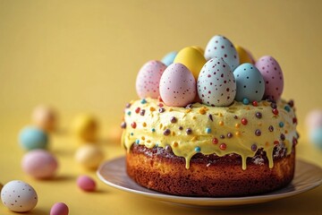 Wall Mural - Colorful Easter cake with decorative eggs and sprinkles on a plain background