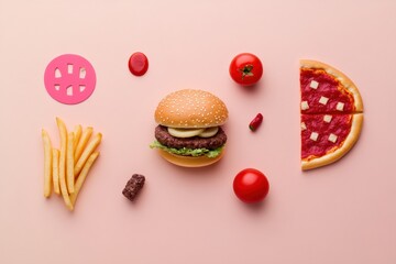 Poster - Colorful silhouettes of burgers, fries, and pizza slices are creatively arranged on a soft pink background, evoking a playful food aesthetic. Generative AI