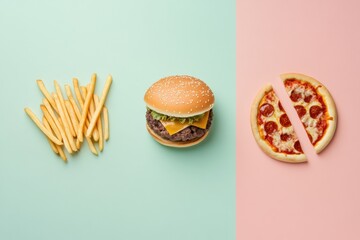Poster - Colorful silhouettes of a burger, pizza slice, and fries are arranged on contrasting pastel backgrounds, creating a playful visual contrast. Generative AI