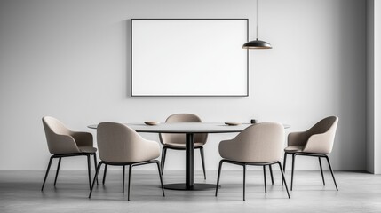 Minimalist Conference Room: A sleek meeting room with a large blank white frame on a light gray wall, modern furniture in neutral tones