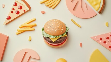 Poster - Colorful abstract silhouettes depict popular fast food items, including a burger, pizza slices, and fries, showcasing playful design elements. Generative AI