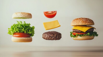 Poster - An aerial display of burger essentials: fresh lettuce, juicy tomato, melted cheese, and a flavorful beef patty, all beautifully arranged. Generative AI