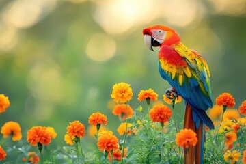 Golden marigolds with a perched scarlet macaw, softly blurred green background for a vibrant nature wallpaper.