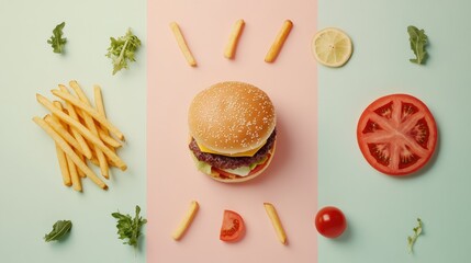Poster - Colorful silhouettes of burgers, pizza slices, and fries are creatively arranged on a pastel-colored background, showcasing playful food design. Generative AI