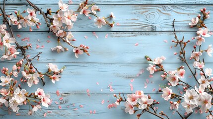 Wall Mural - Blooming cherry blossom branches with petals on blue wooden background, springtime floral composition for greeting card, poster, and design with copy space

