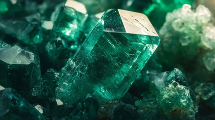 Poster - A vibrant emerald gemstone stands out against a bed of shimmering green crystals, showcasing its brilliance in a natural, illuminated environment. The intricate details highlight the stone's allure.