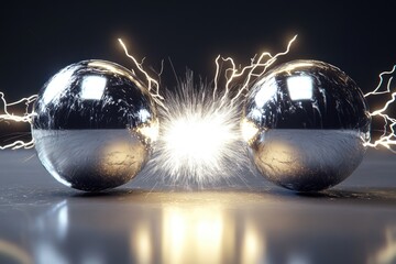 Two metallic spheres generate a bright flash of energy and lightning between them.