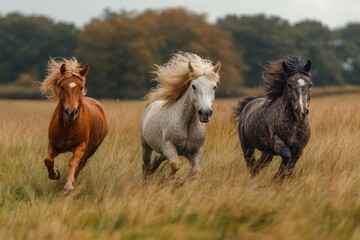 Wall Mural - horses running in a field with flowing manes and tails