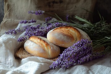 Two freshly baked loaves resting on a table with lavender flowers