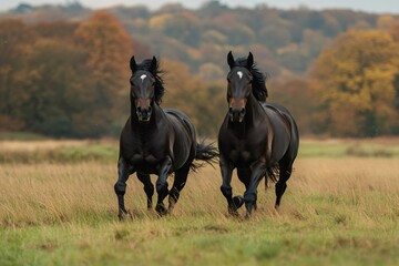Wall Mural - two powerful dark horses running free in autumn field