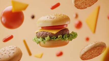 Poster - A fun display features a burger mid-air with colorful ingredients like lettuce, tomato, and cheese, highlighting layers of deliciousness. Generative AI