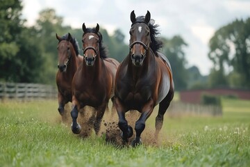 Wall Mural - powerful horses running fast and kicking up dust in green field