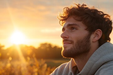 Wall Mural - Young man enjoying a sunset while reflecting peacefully in a field on a warm evening