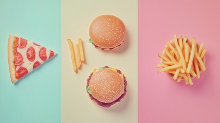 Poster - Silhouettes of burgers, pizza slices, and fries are arranged on soft pastel backgrounds, showcasing a fun and vibrant food theme. Generative AI