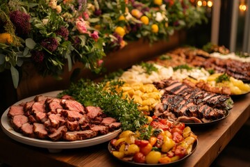 Wall Mural - Catering buffet displaying grilled meat, roasted vegetables, and garnishes with floral arrangement