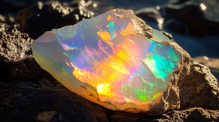Poster - A beautiful gemstone rests on rocky terrain, showcasing iridescent hues of orange, blue, and green as sunlight illuminates its surface. The setting highlights the natural beauty of the gemstone.