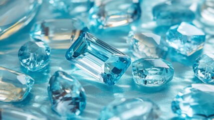 Poster - A collection of various blue gemstones glistens on a soft blue backdrop. The sparkling gems reflect light, showcasing intricate cuts and unique shapes that add to their allure.