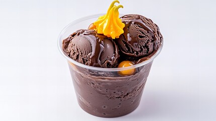 Delicious chocolate ice cream served in a clear cup, topped with a yellow swirl decoration.