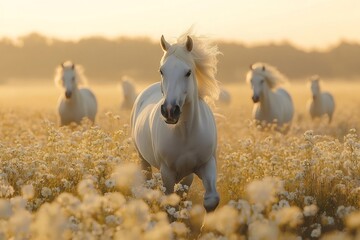 Wall Mural - white horses running in a flowery field at sunrise