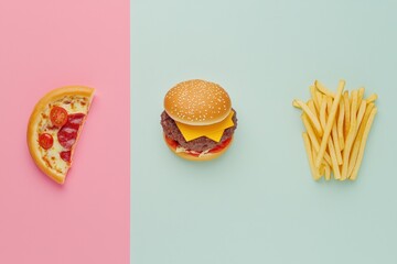 Poster - Colorful silhouettes of burgers, pizza, and fries on pastel backgrounds create a vibrant, playful display for any project. Generative AI
