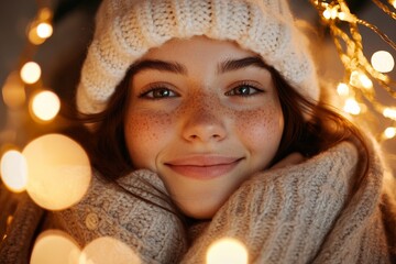 Wall Mural - Smiling girl surrounded by warm lights in cozy winter attire during a festive atmosphere at night