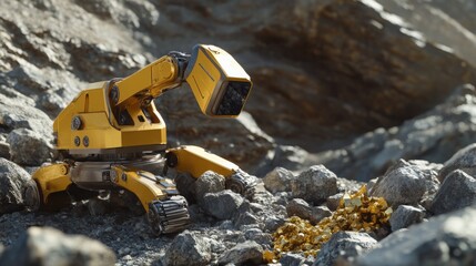 Fototapete - An autonomous robot equipped with advanced technology is exploring a rocky terrain, examining a pile of gemstones.