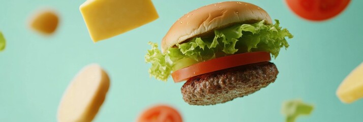 Poster - Ingredients for a delicious burger float mesmerizingly in mid-air, featuring a juicy patty, vibrant lettuce, ripe tomato, and creamy cheese. Generative AI